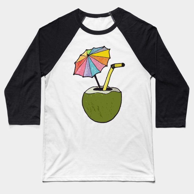 Hand drawn coconut drink with colorful umbrella drink Baseball T-Shirt by WatercolorFun